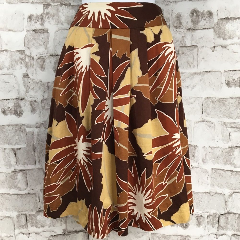 Merona Women's Skirt A-Line Pleated Abstract Floral Tan Brown Size 4